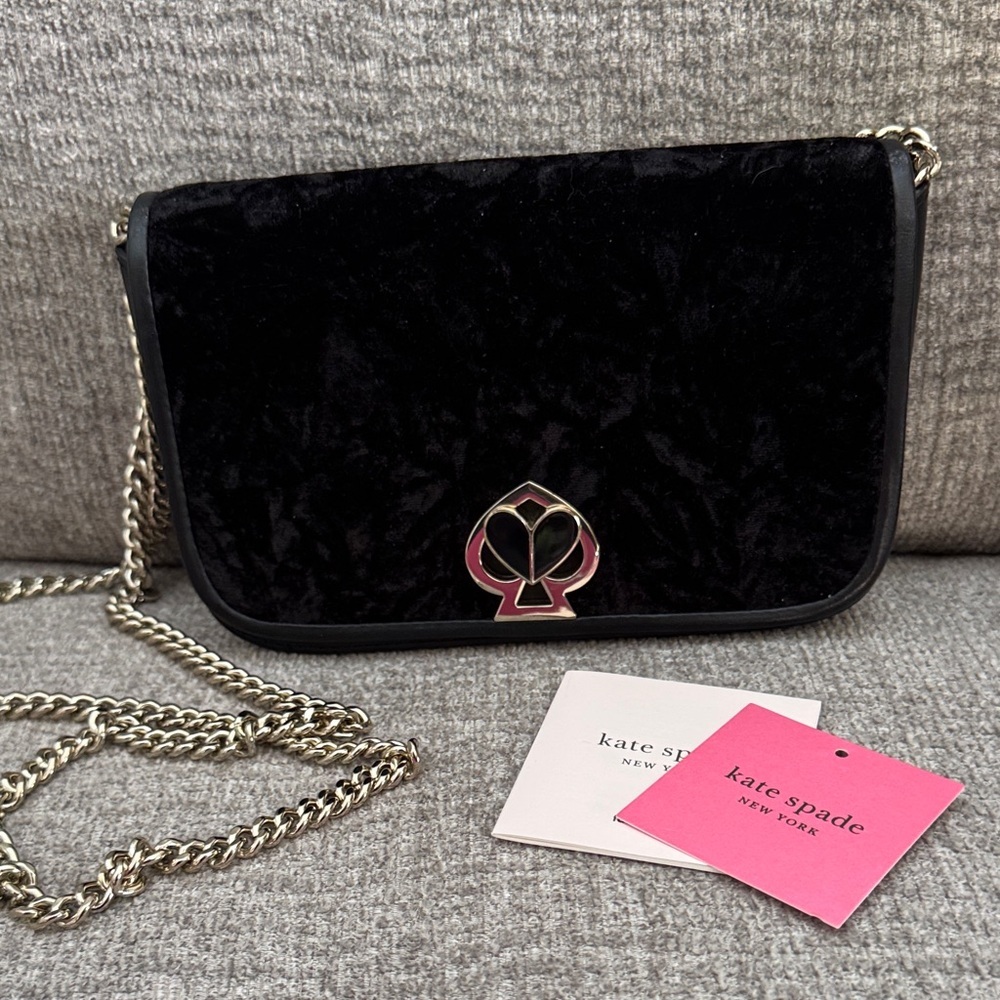 Kate Spade Black Velvet Crossbody With Silver Chain